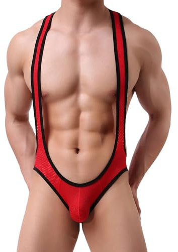 Tanga con Suspensorio de Malla Sexy para Hombre Tirantes, Disfraz Borat Mankini, Body Calzoncillos Transpirables, Ropa Interior Jockstrap, Traje Baño Una Pieza, Mono Lencería Tipo Bóxer (Rojo)