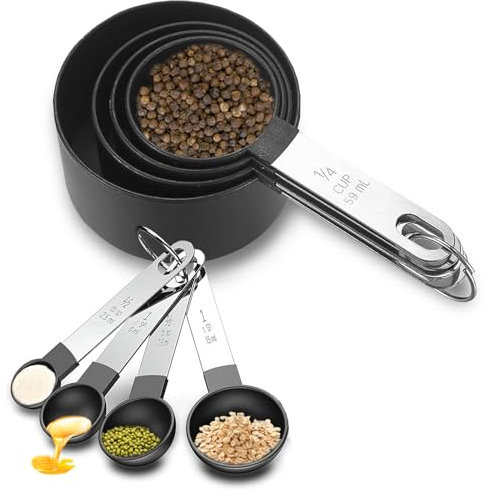 8 Messbecher und Löffel Set, Messlöffel und Messbecher Set mit Edelstahlgriff, Multifunktionslöffel Messbecher Set Edelstahl für Messen, Messwerkzeug von Küchen, Dosierlöffel für Backmessen, Schwarz