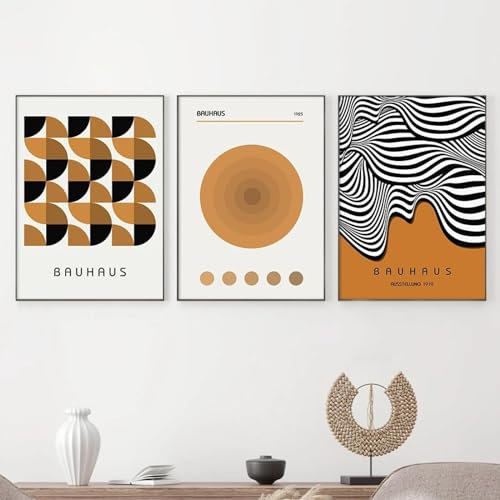 KemneT Abstrakte Bauhaus-Kreismuster-Poster und Kunstdrucke schwarz-weiße Streifen Wellen-Leinwandgemälde minimalistische Wand Bilder Bild Raumdekoration 50 x 70 cm x 3 ungerahmt