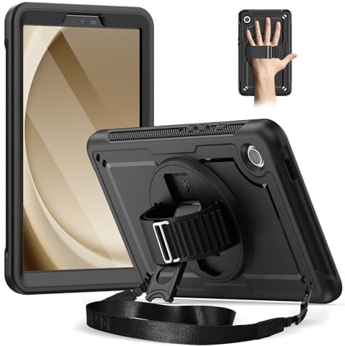 Timecity for Samsung Galaxy Tab A9 Case 8.7 2023 | Shockproof Sturdy Case with Screen Protector,Kickstand/Rotating Hand Strap,Pencil Holder, Heavy Duty Cover Tablet A9, Black