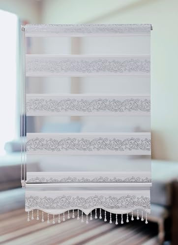 PlisseeOnline Doppelrollo Klemmfix ohne Bohren Weiß Silber mit Muster und Perlen Duo Rollo für Fenster und Türen Plissee Rollo Gardine 110 x 150 cm Blickdicht Klemmrollo mit Perlen Seitenzugrollo