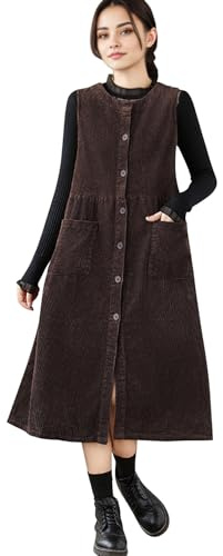 LAEMILIA Manchesterklänning för kvinnor med knäppning, rund hals, enfärgad, midi-lång overallklänning med fickor, Brun, 3XL