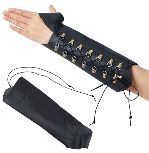 SUPERFINDINGS Armschutz Aus PU Leder Schwarz Verstellbarer Unterarmschutz Für Bogenschießen 33.5cm Armband Kostüm Für Recurve Bogenschießen Jagd