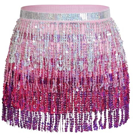 Glitzer Damen Rock Pailletten Rock Bauchtanz Kostüm Mini Rock Cowgirl Tanzkleid Rave Outfit Hüfttuch Kostüm für Damen Mädchen