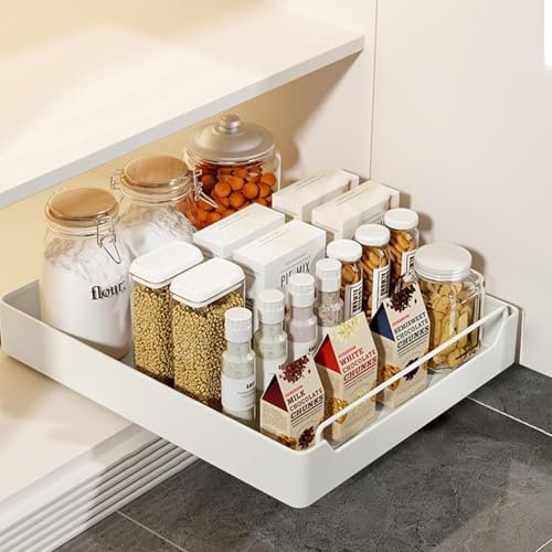 Suixtil Bondable Pull Out Drawer Kitchen, Expandable Sliding Drawer Pull Out Cabinet Organizer Kitchen, No Drill Retractable Drawer Kitchen(35CM)