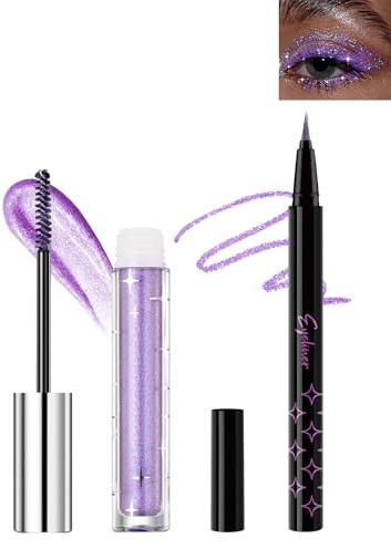 Lila Glitter Flüssige Wimperntusche und Eyeliner Set, Long Thick Volume Mascara, Diamond Glitzer Eyeliner, Wasserfest & Langlebig, Shimmer Highlight Metallic Augen Makeup Set für Frauen-03# Lila