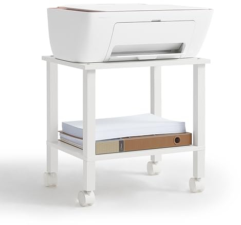 YUFAM 2 Tier Printer Stand with Storage,Under Desk Shelf Printer Table, Rolling Printer Cart for Office,Home,White