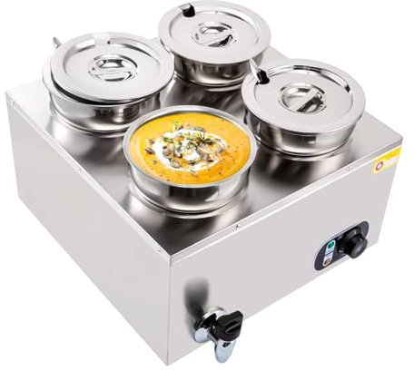 4x7L Scaldavivande Commerciale, 35-85℃ Regolabile, 1500W Elettrico Inox Isolamento Termico Secchio Zuppa, Bancone Bagnomaria 537x537x315mm