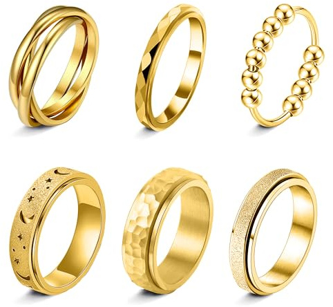 LOFITOR 6 PCS Bagues Anti Stress Femme Spinner Band Fidget Acier Inoxydable Bague Pour Stress Anxiété Pour Homme Rouleau Anti Anxiété Bagues Ensemble Bande D'anxiété Froide CZ Lune Étoile