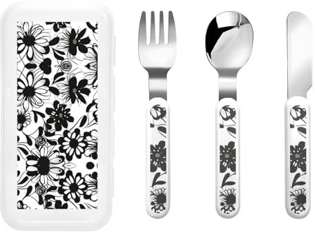 Black and White Flowers Stainless Steel Cutlery Set, Stainless Steel Cutlery Fork Spoon and Knife for Daily Meals