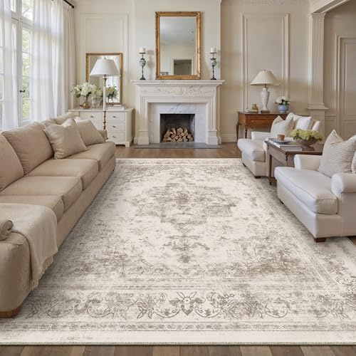 HUGEAR Beige Vintage Teppich Wohnzimmer 300x400cm Waschbar | Waschbarer Retro Teppich,Weich,Rutschfest Kurzflor,Groß,für Wohnzimmer,Schlafzimmer, Esszimmer,Büro,Carpet,Teppiche
