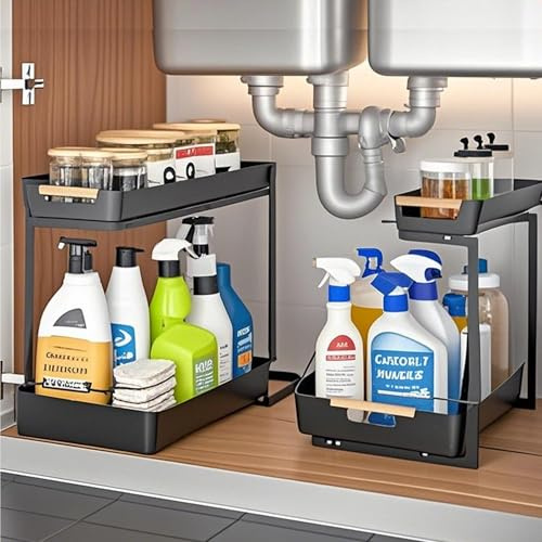 UROVIBOSCR 2 Stück Spülschrank Organizer, 2-stufig Herausgleiten Ausziehbares Lagerregal, L-Form küchen Organizer, für Küche, Schrank, Badezimmer, Speisekammer (2 Stück)