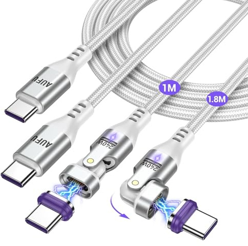 AUFU 240W Magnet Ladekabel USB C [2Stück 1m+1.8m] 16PIN Ladekabel Magnetisch Superschnelle Aufladung Magnetisches USB C Ladekabel 48V/5A Schnelllade und Datenübertragungs für Phone16/Mac-Book