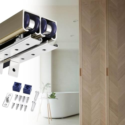 EXCLURA Schiebetür Schiene Doppelschienen-Schiebetürschiene, Bypass-Scheunentor-Hardware-Schienensatz, Innenschiebetürschiene, Gleitschienensatz mit Schrauben(Champagne,0.9m/3.0ft)