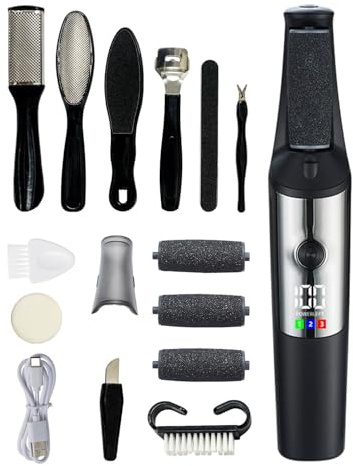Electric Foot File, 12-in-1 Callus Remover Kit with 3 Rollers & LED Light, Rechargeable Waterproof Pedicure Tools, 3-Speed System for Dead Skin, Cracked Heels & Calluses for Smoother Feet