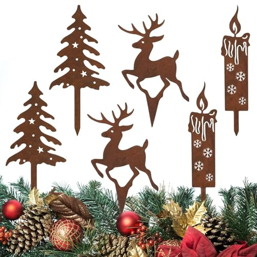 MARFOREVER Juego de 6 tapones para jardín navideños, ciervos, abeto y vela, resistentes a la intemperie, decoración navideña de metal para jardín y balcón