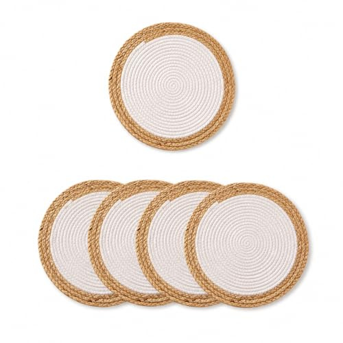 Juego de 4 manteles individuales redondos de algodón con borde de yute, 20 cm de diámetro, blanco y natural, ecológicos, alfombrillas de mesa duraderas para comedor, hogar