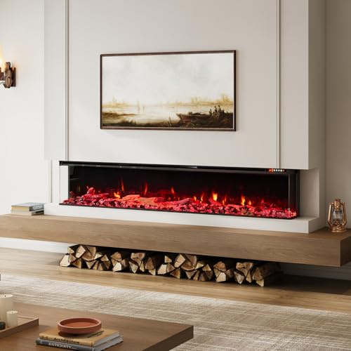 INMOZATA Electric Fire Recessed Freestanding 80''/200cm 3D Media Wall Fireplace with Child Lock and Overheat Protection, APP and Remote Control, 12 Flame Effect, 7 Bottom Lights and 7 Top Lights