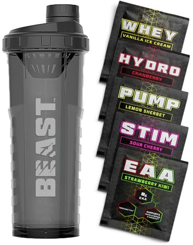 Beast Pharm Beast | Protein Shaker Bottle Sports Supplements Samples | 5 Sachets + 1000ml Shaker Gym Gift Set | Stim, Pump, Whey, Hydro and EAA