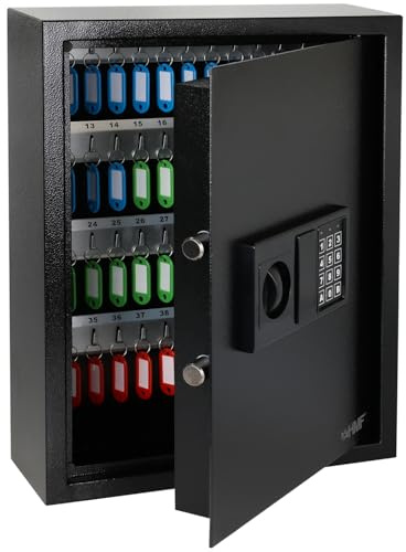HMF Schlüsseltresor mit Zahlencode, Schlüsselsafe mit Elektronikschloss | 71 Haken | 46 x 36 x 12 cm | Schwarz