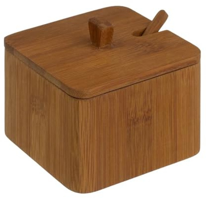 HowHomely | Azucarero salero de bambú, 400 ml, con tapa y cuchara, especias, miel, cocina, aspecto de madera