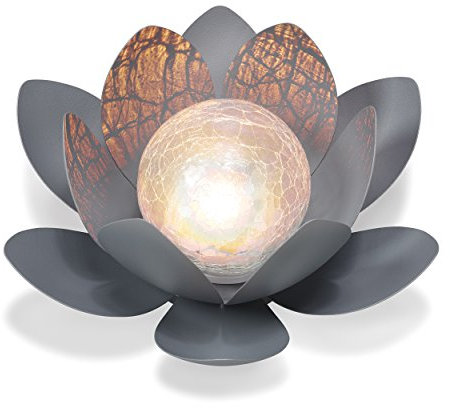 Esotec Solar Dekoleuchte Lotusblüte, Echtglas Bruchglas Crackle, Akku, LED Lotusblume Solarblume Glaskugel, Geschenk Gartenliebhaber, Gartenkugel, Solarkugel, Balkon, Metall, wetterfest, IP44, 102086