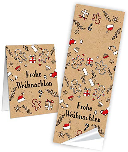 100 Weihnachts Sticker 5 x 14 5 cm Kraftpapier Frohe Weihnachten natur rot schwarz weiß Geschenk Etiketten hohe Klebekraft Logbuch-Verlag