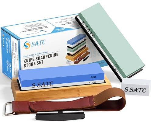 S SATC Knife Sharpening Stone Whetstone 4 Side Grit 400/1000 3000/8000 Stone Knife Sharpeners with Nonslip Rubber Bases, Wood Base, Flattening Stone, and Leather Strop