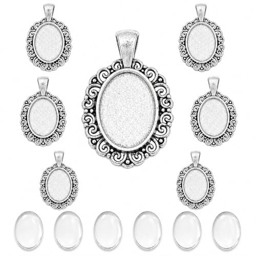 Perlin Cabochon Anhänger Set Silber 18 x 13 mm Oval Fassung Filigran Medaillon mit Glas Cabochons Schmuck Bastelset DIY Kettenanhänger Rohlinge 6 Stück