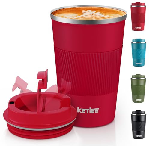 KETIEE Kaffeebecher to go,380ml Thermobecher Kaffee-to-go,Kaffeebecher Thermo,Doppelwandig Reisebecher Travel Mug,Vakuum Isolierbecher mit auslaufsicherem Deckel für Kaffee und Tee,Rot