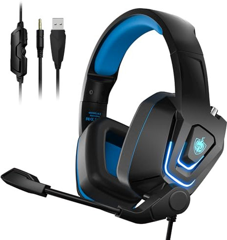 YOTMS Gaming Headset for PS4/PS5/X-box, 7.1 Surround Sound Over-Ear Headphones with Noise Cancelling Mic & Memory Foam Earmuffs, Compatible with PC, Switch, Laptops (Blue)