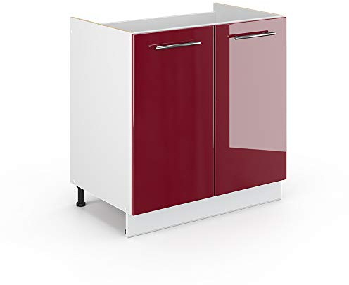 Vicco Spülenunterschrank Fame-Line, Bordeaux Hochglanz, 80 cm | MDF-Front · Ohne Arbeitsplatte · Höhenverstellbare Füße · Metallgriffe · Soft-Close
