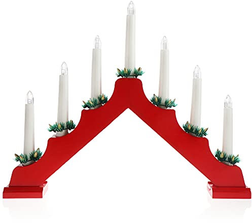 com-four® Arco di candele a LED come illuminazione natalizia - ponte di candele con 7 LED - piramide ad arco di luce in legno - lampada da finestra con funzione timer (01 pezzi - 7 led legno rosso)
