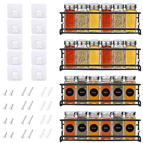 BTGGG Gewürzregal Wand 4-Etagen Gewürz Organizer Ohne Bohren,Gewürzregal Hängend,Wand Küchenregal aus Metall für Küche, Schrank, Schranktür, Speisekammertür Badezimmer Schwarz,29 x 6,2 x 6.2 cm