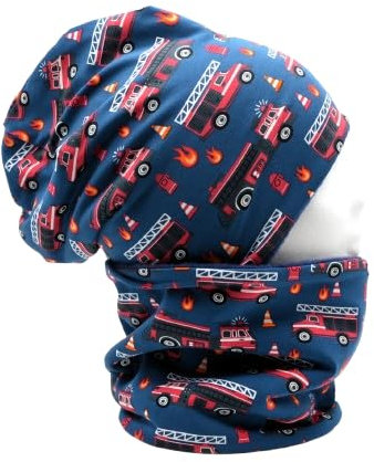 Fleece Loop Schal & Mütze SET | Feuerwehr Fahrzeuge Autos blau rot | Jungen für 4-5 - 6 Jahre Kinder warm gefüttert Beanie Kombination | Weihnachten Nikolaus Geburts Geschenk