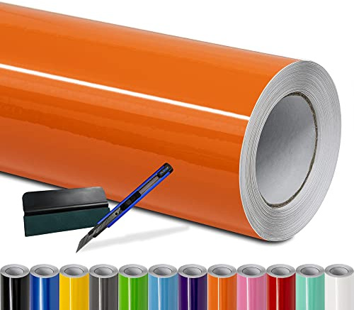 Folindo Autofolie Orange Glanz (15€/m²) - 100 x 152 cm - Selbstklebende Auto Lackschutzfolie mit Luftkanal Technik – Blasenfreie Auto Folierung inkl. Rakel & Cutter – Car Wrapping Folie