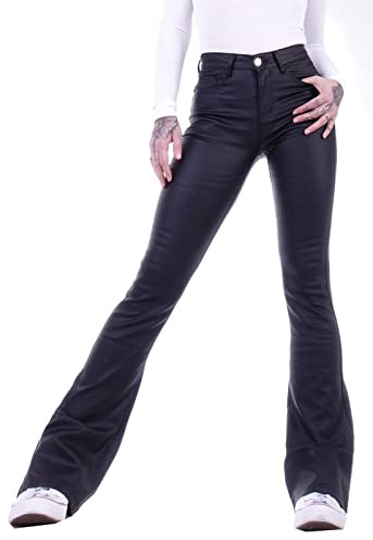 Style-Station Damen Jeans Bootcut High Waist Push UP Leder-Optik Kunstlederhose Schlaghose Schlagjeans Schlaghosen Hochschnitt Hoch Hoher Bund Stretch-Hose-n Flared Sexy Gr Größe Schwarz-e S 36