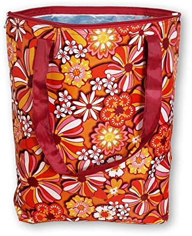 PromotionGift Wiederverwendbarer faltbarer Kühler, Einkaufstasche, Strandtasche, leicht und langlebig, mit innerem Aluminiumfutter für perfekte Kühlfunktion - 25 l, Motiv „Retro Flowers“