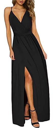 UUAISSO Abito Estivo da Donna Boho con Scollo a V Tinta Unita Abito Lungo da Spiaggia Floreale Nero S