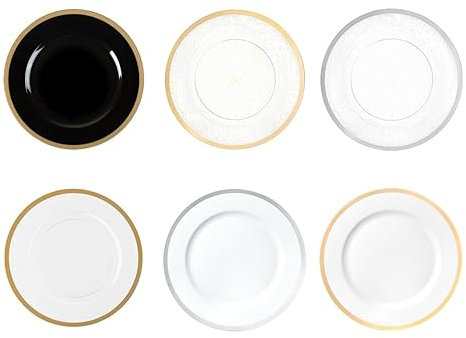 Decorline - 4 x Assiettes de Présentation Assiettes décoratives en plastique Dur Réutilisables décoration de table pour Événements et Fêtes, anniversaires, Nouvel An, Noël - Blanc/Or - Ø33cm