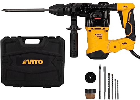 VITO ThunderPlus - Martello perforatore SDS-plus AVC VIMPDP1500 1500 W, 6J, regolazione della posizione dello scalpello, velocità variabile, diametro del foro 32 mm, 3 punte SDS-plus, scalpello a
