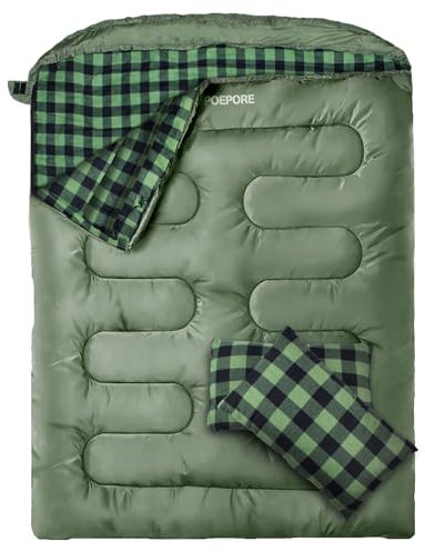 Poepore Doppelschlafsack Flanell für Erwachsene Deckenschlafsack Baumwolle 2 Personen Winter mit 2 Kissen und Tragetasche für Outdoor Camping Wandern 233 * 157CM Olive