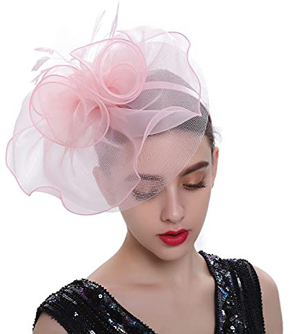 LJRPUPY Schicker Fascinator für Damen, für Tee, Kirche, Abschlussball, Hochzeit, Kopfbedeckung, Sinamay, Rosa, 59 cm
