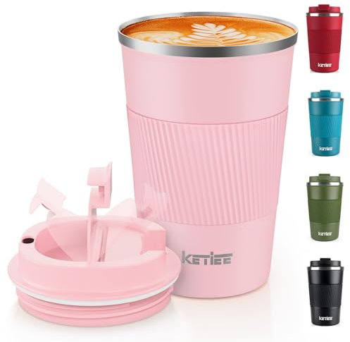KETIEE Kaffeebecher to go,380ml Thermobecher Kaffee-to-go,Kaffeebecher Thermo,Doppelwandig Reisebecher Travel Mug,Vakuum Isolierbecher mit auslaufsicherem Deckel für Kaffee und Tee,Rosa