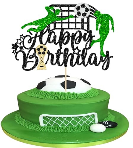 1Pcs Fußball Happy Birthday Kuchen Topper Glitter Happy Birthday Schild Fußball Spieler Kuchen Pick Dekorationen für Sport Thema Mann Junge Mädchen Geburtstag Party Dekoration Liefert Schwarz