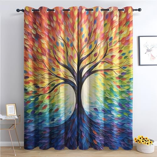 THYUNQ Vorhänge Baum des Lebens Motiv, Vorhang Blickdicht Verdunklungsvorhänge Thermovorhang mit Ösen, Gardinen Wohnzimmer Schlafzimmer Fenster, 2er Set Curtains, H 137 x B 117 cm