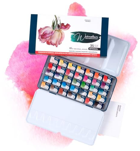 7 Artists Botanische Aquarellfarben Rosa Gallery Set 35 x Näpfchen Lebendige Farben, Hochwertige Künstler-Aquarell im Mehrzweck-Metallkasten mit Mischpalette, Künstler Aquarellkasten