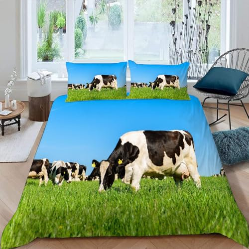 Vaca Lechera Juego De Funda NóRdica De Microfibra De 155 x 220 cm Césped Verde 3 Piezas Fundas NóRdicas Suaves Y Transpirables con Cremallera 2 Fundas De Almohada 50 x 75 cm