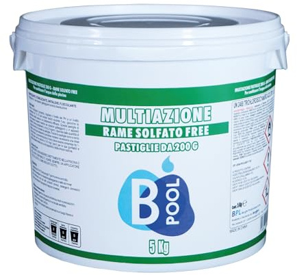 B POOL Multiazione 200 GR Rame Solfato Free. Pastiglie ad azione Sanitizzante, Stabilizzante, Antialghe, Flocculante per il trattamento dell'acqua della tua piscina. Formato da 5 Kg