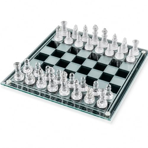 Glass Chess Set 25cm x 25cm Transparent Board Game with Frosted and Clear Glass Pieces, Decorative Strategy Game for Home, Office and Gift Display Collection